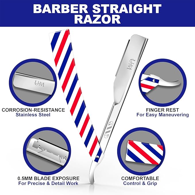 UM Supplies Straight Razors for Men – Professional Barber Straight Edge Razor Kit with 10 Replaceable Insert Single Edge Blades - Navajas Para Barbero Barber Pole Design (Red, White, Blue)