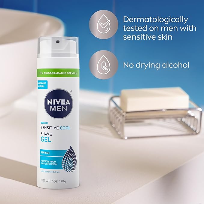 NIVEA MEN Sensitive Cool Shave Gel for Sensitive Skin, Alcohol Free Shaving Gel with Chamomile Extract, 7 Oz Can, Pack of 3