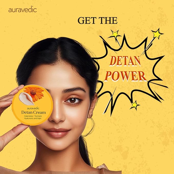 Auravedic De Tan Face Cream with Turmeric, Papaya & Calendula | Hydrating Daily Face Moisturizer for Dull & Sun-Exposed Skin | Lightweight Cream for All Skin Types | 3.53 Oz (100g)