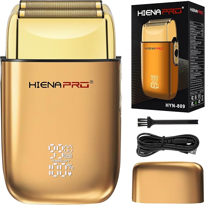 HIENA PRO Foil Shaver for Men Barber, Double Electric Foil Trimmer, Professional Electric Razor, Close Shaver, Cordless Rechargeable with USB, Detachable Design, LED Display, Gold