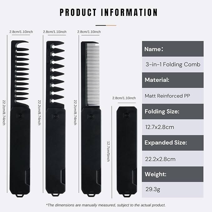 Protable Folding Pocket Comb for Men, 3 in 1 Hair Comb - Fine Tooth & Wide Tooth Comb, for Everyday Grooming & Combing Hair, Beards and Mustaches (Black)