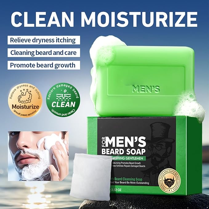 ACSUSS Handmade Natural Beard Soap Bar with Foaming Net - Gentle Hydrating Cleanser for Men's Skin Green One Size