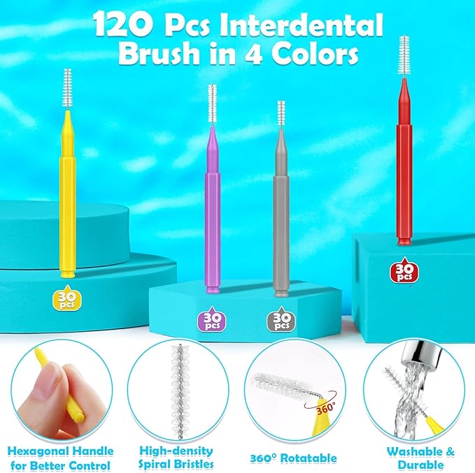 Modacraft 120Pcs Interdental Brush 4 Sizes Braces Brush Toothpicks with Soft Bristles 360° Bendable Floss Heads Dental Brushes Between Teeth Gum Braces Cleaning Kit Oral Tooth Cleaning Tool