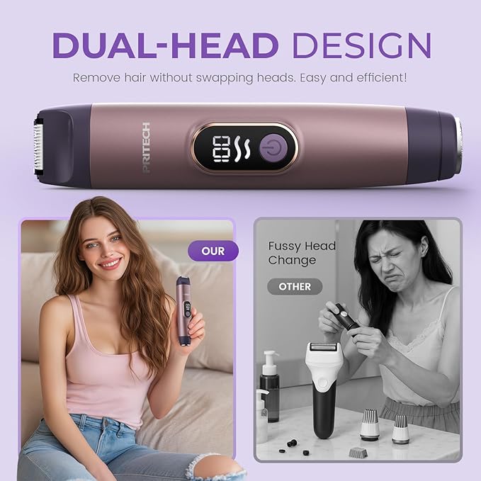 PRITECH Bikini Trimmer for Women, 2-in-1 Painless Electric Razors for Silk Skin, Portable Lady Shaver for Women Private Area, Face, Legs & Underarms, Wet/Dry LED