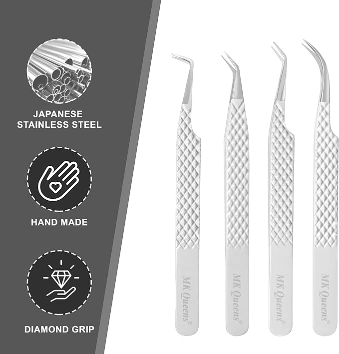 Fiber Tip Lash Tweezers for Eyelash Extensions with Diamond Grip, Set of 4 Precise Tips Japanese Steel for Classic, Volume & Mega Volume Lashes, Ideal Tweezers Set for Lash Artists (4, White)