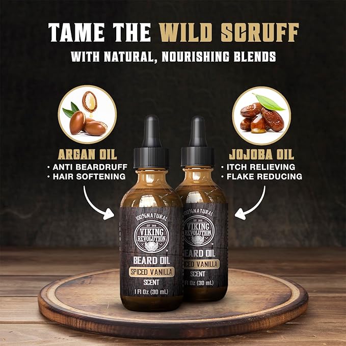 Viking Revolution Beard Oil for Men - All Natural Beard Oil Spiced Vanilla Scent with Argan Oil & Jojoba Oil Beard Conditioner and Softener - Strengthens Beards and Mustaches for Men (2 Pack)