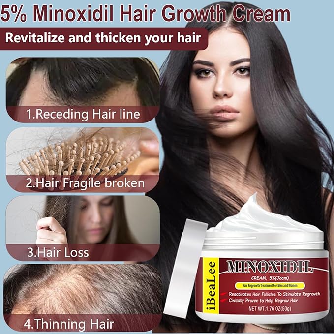 5% Minoxidil for Men and Women Hair Growth Cream, Topical Minoxidil Hair Growth Products, Extra Strength Hair Regrowth Treatments for Stronger Thicker Fuller Hair, 2 Bottles