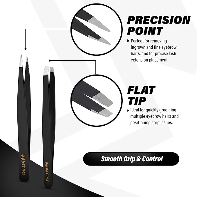 MUSI Eyebrow, Facial Hair, Ingrown Hair & Splinter Removal Tweezers with Eyebrow Scissors – Precision Multi-Purpose Beauty Tools, Anti-Rust Stainless Steel, Travel Case Included, for Women & Men
