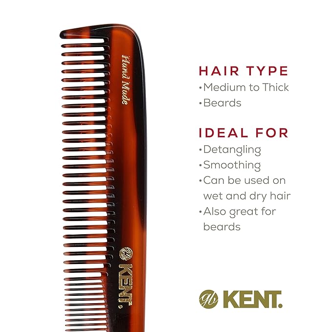 Kent 9T Tortoise Fine and Wide Tooth Comb Detangler - Large Handmade and Saw-Cut Dressing Combsw,for Wet and Dry, Hair Comb for Women and Durable Grooming Comb for Men Made in England