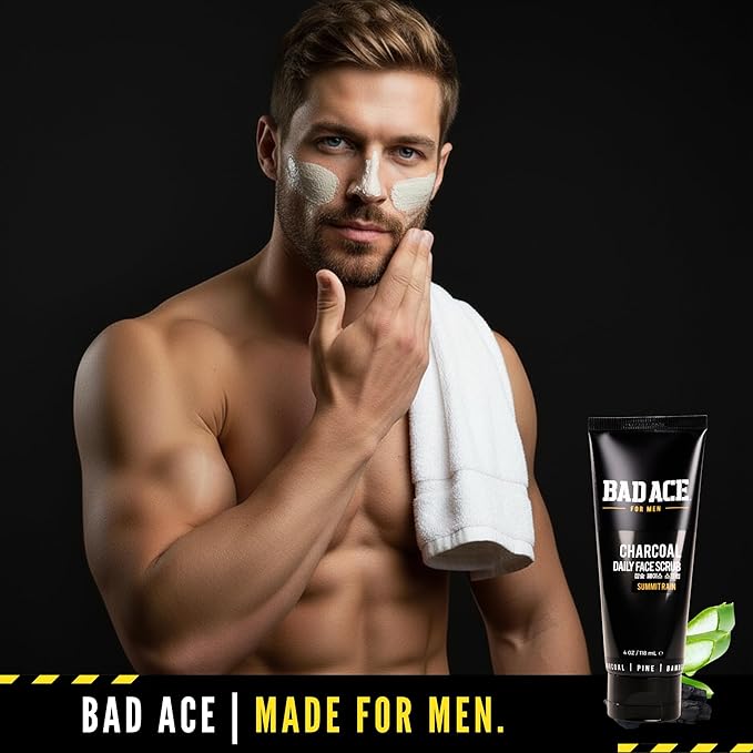 BAD ACE Daily Men's Charcoal Face Wash with Scrubs, Korean Exfoliating Face Wash - Premium Face Scrub for Men, Deep Cleansing Skin Care | Men's Facial Cleanser for Oily Skin & Normal Skin, 4 oz