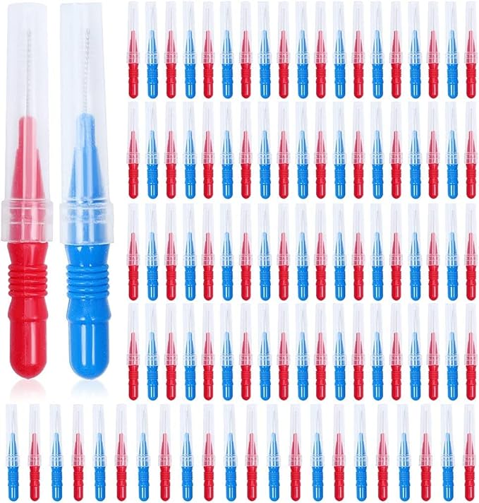 ewinever 100 Pieces Braces Brush for Cleaner, Toothpick Dental Tooth Flossing Head Oral Dental Hygiene Flosser Tooth Cleaning Tool (Red+Blue)