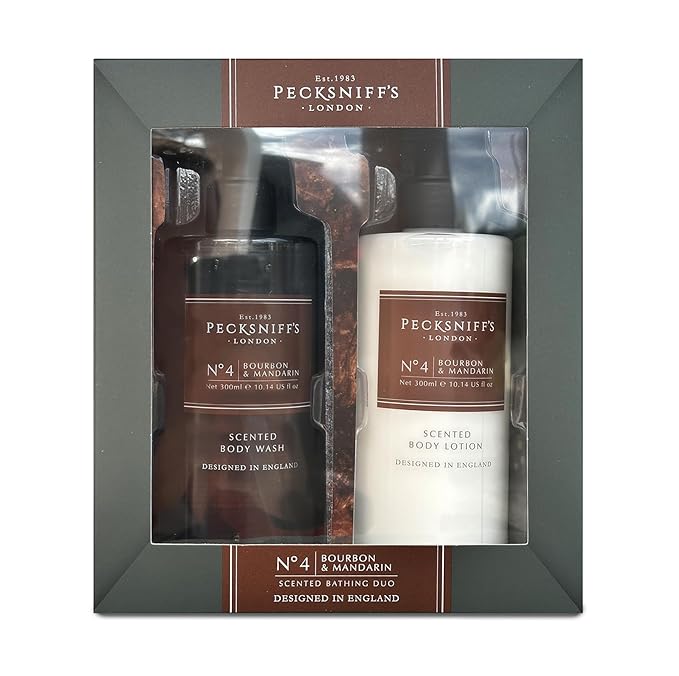 Pecksniffs Mens Bathing Duo Collection – Bourbon & Mandarin Scented Body Wash and Body Lotion Gift Set, 2 x 250ml