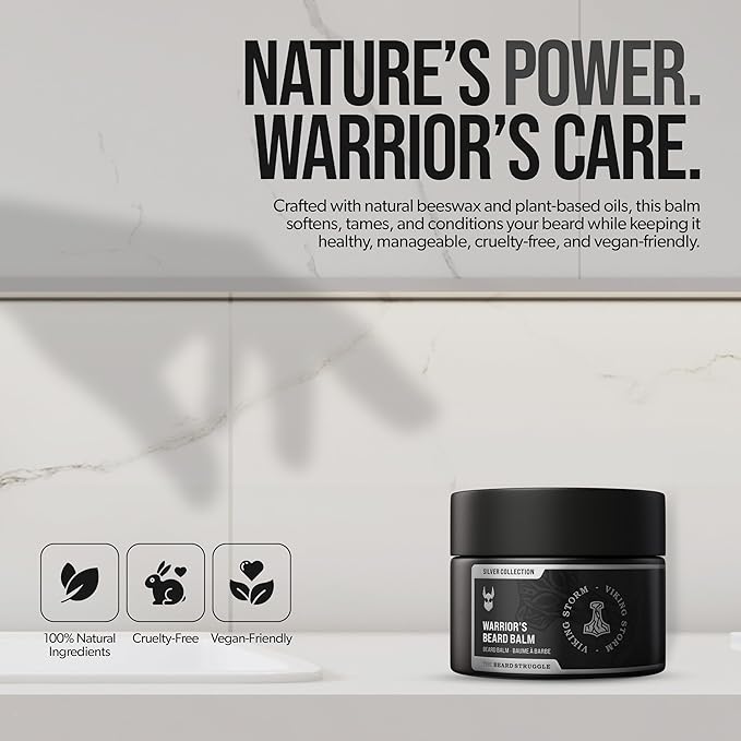 The Beard Struggle Warrior’s Beard Balm - Silver Collection, Viking Storm - Non-Greasy Low-Hold Formula, Luxurious Cologne-Grade Fragrances 100% Natural Ingredients - 50g / 1.76 US. oz.