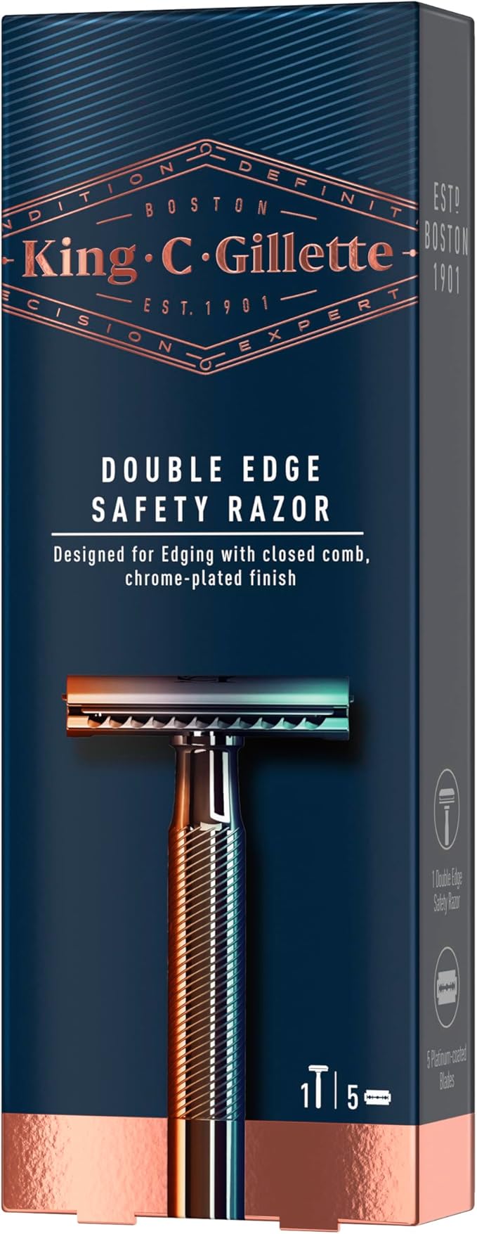 King C. Gillette Double Edge Safety Razor for Men, 5 Platinum Coated Double Edge Razor Blades, Gifts for Men