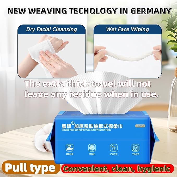 Disposable face towels, MIXUISEE thick and soft face towels. 100% pure cotton, super thick 130%. Suitable for makeup removal and cleansing, and applicable to sensitive skin. (100 pieces)