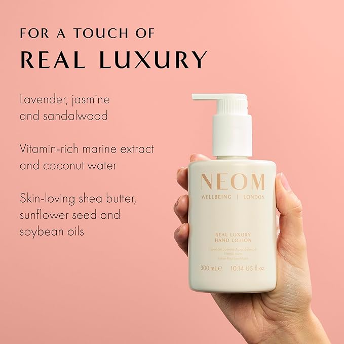 Neom Real Luxury Hand Lotion, 300ml | Lavender, Jasmine & Sandalwood I 24 Essential Oils I 100% Natural Fragrances I 100% Recyclable Bottle I Hydrating I Nourishing