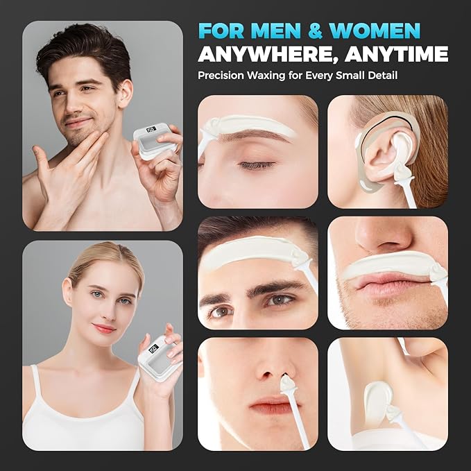 Nose Wax Kit Women Men,Nose Hair Waxing Kit with Adjustable LED Display,Ear Hair Removal Kit for Men 100 g Wax 70 Applicators,Constant Temp,USB Heated,Pocket-Size,White