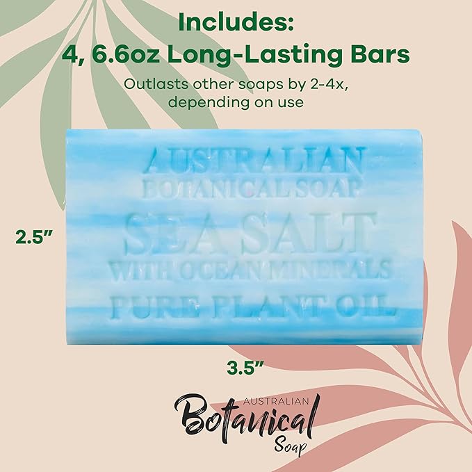 Australian Botanical Soap Sea Salt with Ocean Minerals 6.6 oz Luxury Soap Bars Enriched with Shea Butter, Pack of 4 - Packaging May Vary