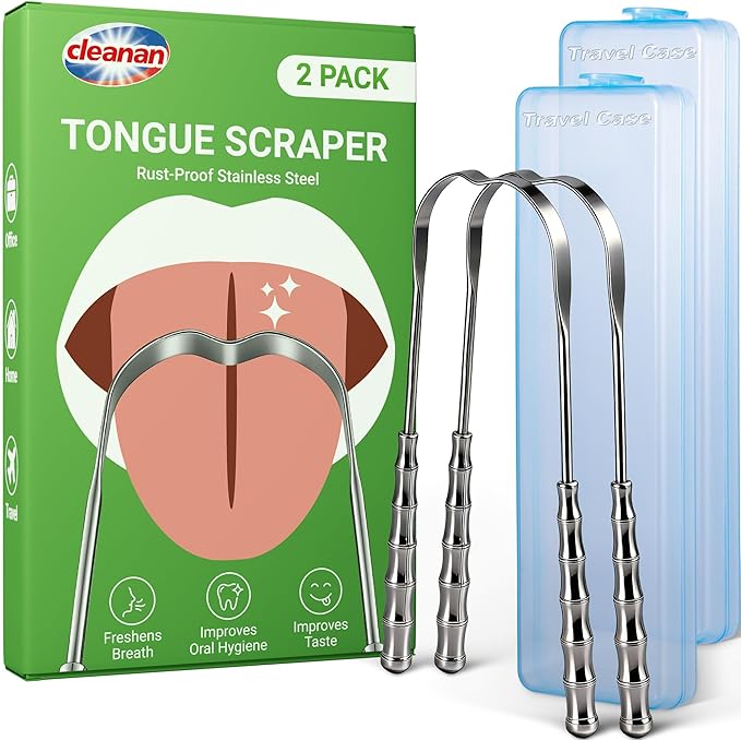 Metal Tongue Scraper for Adults & Tongue Cleaner (2 Pack), Stainless Steel Scrapers with Travel Cases, Reduce Bad Breath & Remove Tongue Coating, Smooth U-Shape Design