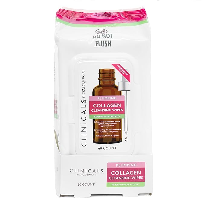 SpaScriptions Clinicals Collagen Cleansing Facial Wipes - Plumping & Moisturizing Makeup Remover Wipes with Ceramindes for Firm, Smooth & Replenished Skin, Daily Use Face Wipes, 1-Pack (60 ct)