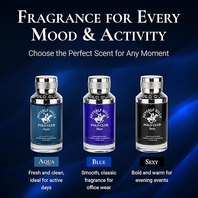 Beverly Hills Polo Club Men’s Eau de Toilette Gift Set – 3 Piece Slider Collection (Aqua, Blue & Sexy) – Long-Lasting EDT Fragrance Trio for Men – Compact Travel-Friendly Bottles – 3 x 1 oz / 30 ml