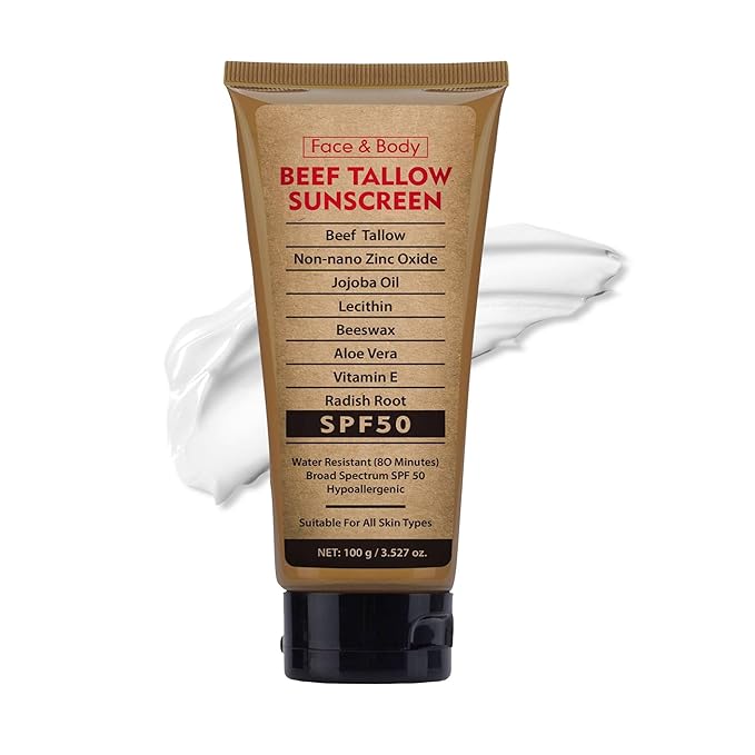 Beef Tallow Sunscreen for Face Body,Tallow Sunscreen SPF 50 Water-Resistant for Summer Outdoor Travel 3.52 OZ