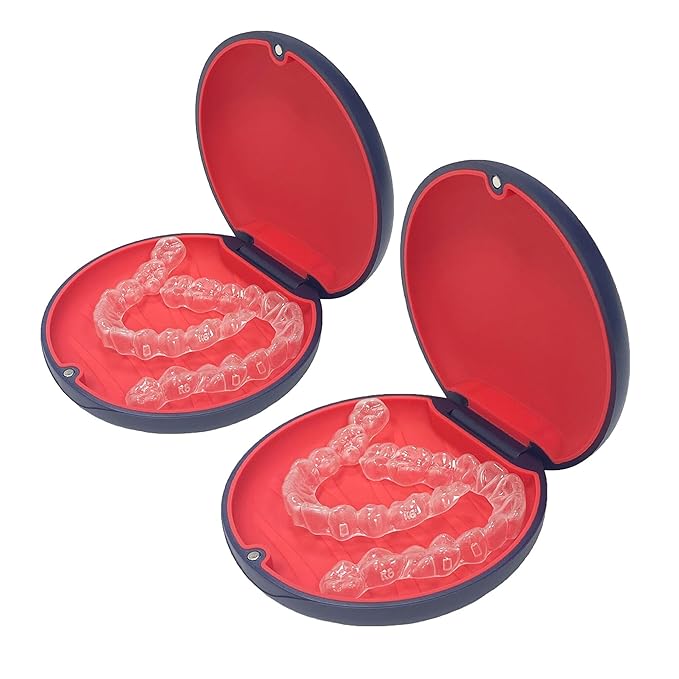 2PCS Retainer Case Compatible with Invisalign,Cute Slim Aligner Case,Customized Magnetic Closure Orthodontic Retainer Cases (2 Pack Dark Blue + Red Silicone)