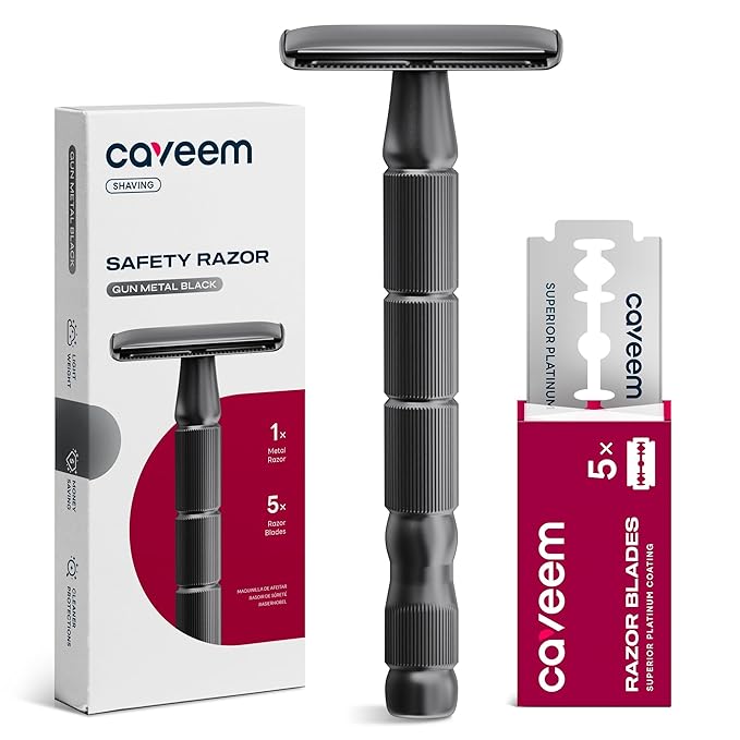 Double-Edge Safety Razor, Single-Blade Razors with 5 Stainless Steel Razor Blades for Men and Women, Reusable Metal Razor – Gun Metal Black