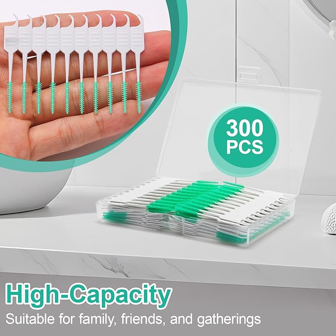 300PCS Dental Floss Picks,Dual-Use Interdental Brushes,Soft Silicone Brush Head Toothpicks, Tooth Picks Flossers for Teeth Braces Cleaning (Green)