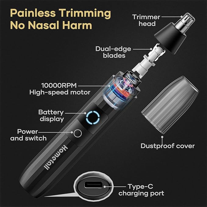 HOMETALL Rechargeable Nose Hair Trimmer for Men Women, Professional Painless Ear Eyebrow & Facial Hair Trimmer - 10,000 RPM Powerful Motor with Dual-Edge Blades, Wet/Dry, Easy to Clean