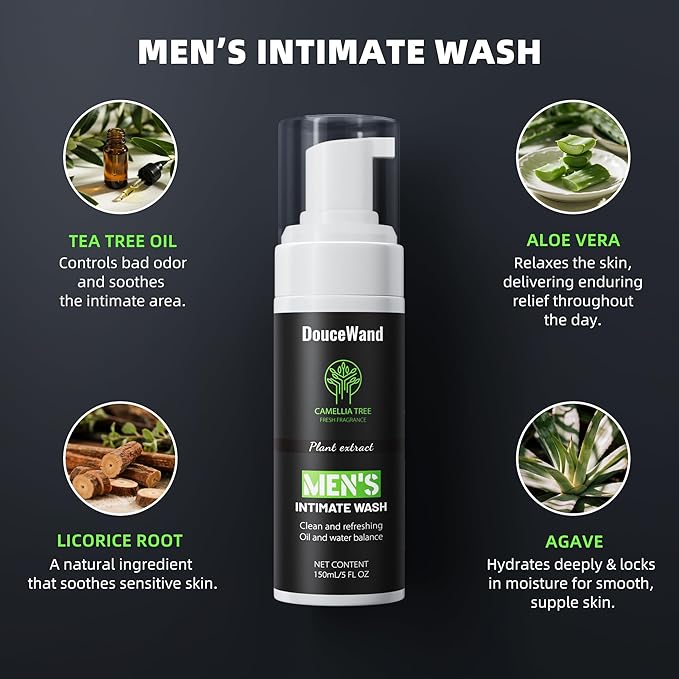 Men's Intimate Wash - Foaming Groin Cleanser for Daily Hygiene & Odor Control - Enriched with Tea Tree Oil, Aloe & Camellia Extract - pH Balanced, Refreshing Body Wash for Athletes - 5 Fl Oz