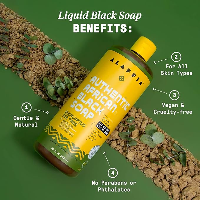Alaffia Skin Care, Authentic African Black Soap, All in One Liquid Soap, Acne Face Wash, Moisturizing Body Wash, Shampoo, Shaving Soap, Shea Butter, Eucalyptus Tea Tree, 32 Fl Oz