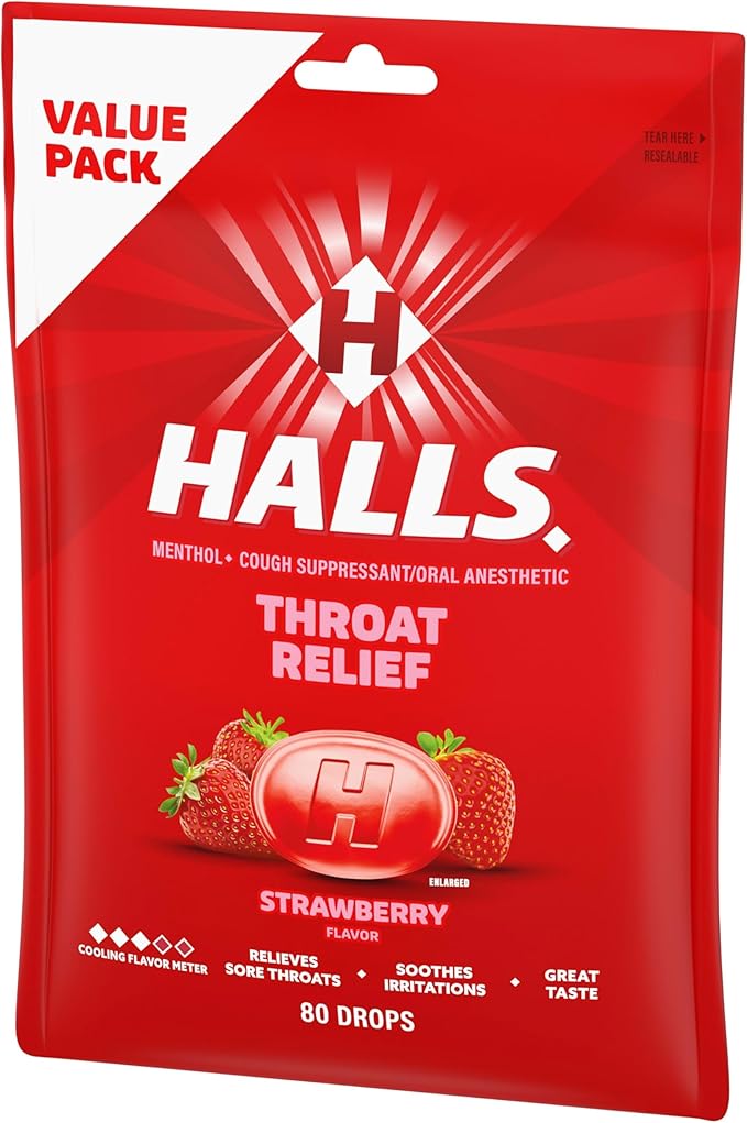 HALLS Throat Relief Strawberry Cough Drops, Value Pack, 80 Drops