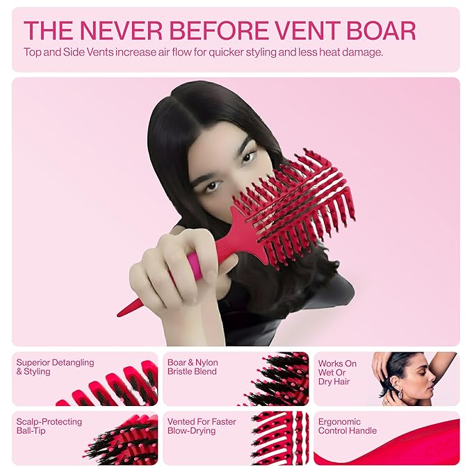 COCCO Aura Vent Boar Brush | Vented Dual-Curved Design for Faster Drying, Effortless Detangling & Shine, Boar + Nylon Bristles, Ergonomic Comfort Handle for Wet & Dry Hair Styling - Pink