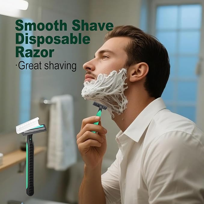 Disposable Twin Blade Razors in Bulk, Individually Wrapped - Clear Safety Cap, For Homeless, Hotel, Airbnb, Travel (pack of 100,green)