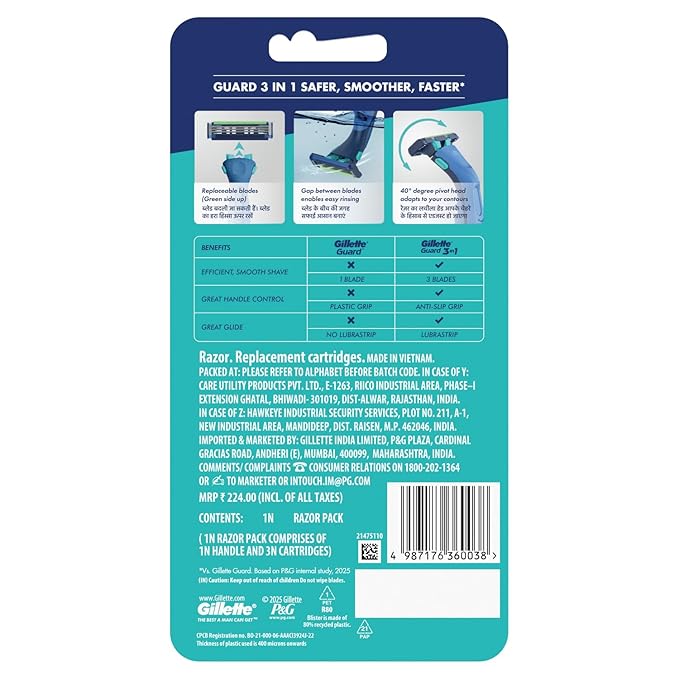 Gillette Guard 3in1 Shaving Razor Blade for men - 2 Cartridges + 1 Razor | Smooth Shave | Aqua gel Lubrastrip | 3 Platinum Coated Blades | Rubber Handle Grip | Flexi Head | good for Sensitive Skin