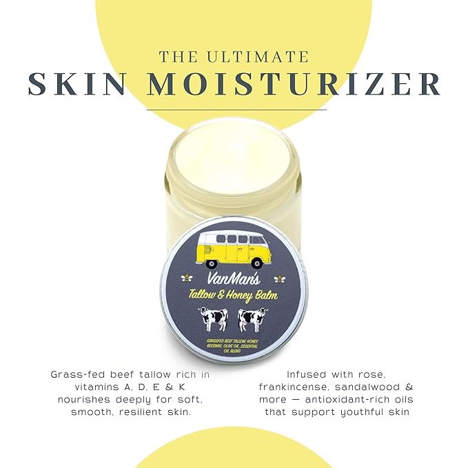 Vanman's Tallow and Honey Balm - Tallow Face Moisturizer with Grass-Fed/Finished Beef Tallow for Skin and Essential Oils, Organic Raw Honey and Beeswax, Cold Pressed Olive Oil - 2 oz