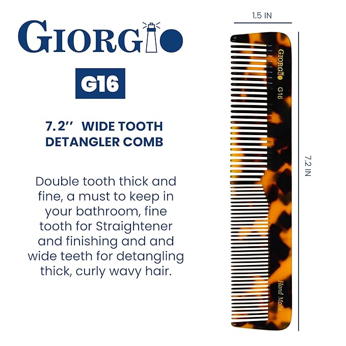 Giorgio G16 Handmade Hair Comb and Detangler - Fine and Wide Tooth Saw Cut Comb for Men and Women's Styling and Detangling
