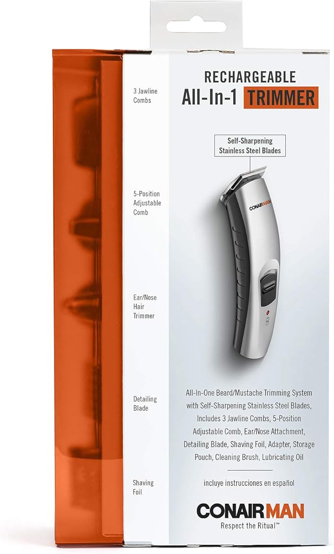 ConairMAN All-in-One Beard Trimmer for Men for Face, Nose and Ear Hair Trimmer, 12 piece Men's Grooming Kit, Cordless/Rechargeable