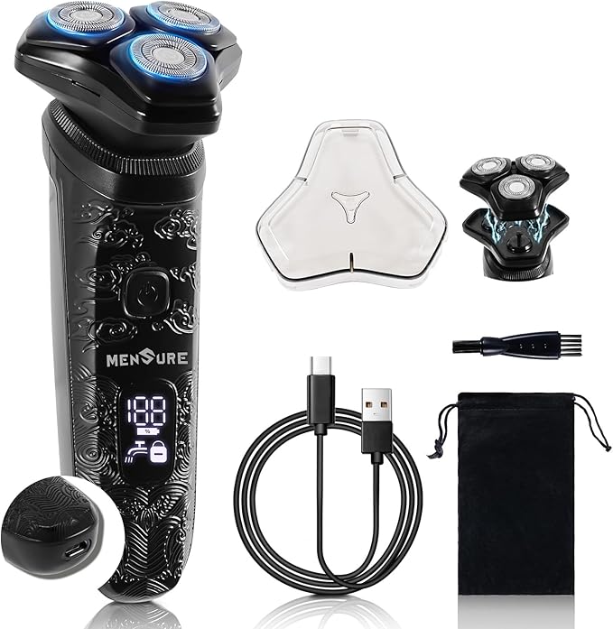 MENSURE Electric Shavers for Men with Pop-up Trimmer, Cordless Rechargeable Shaver for Gift, IPX7 Waterproof Electric Razor for Men, LED Display, Type-C, Travel-Friendly, Black