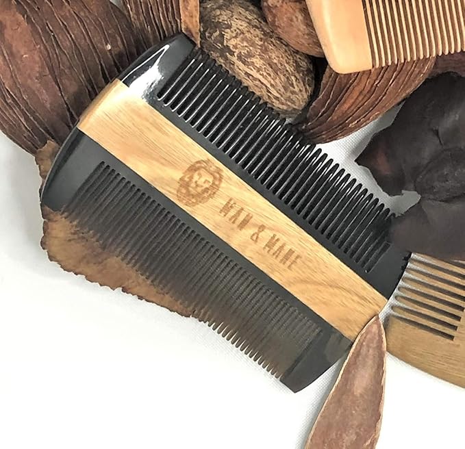 Premium Natural Ox horn and Sandalwood Beard Comb Dual-Action | Double Sided Beard & Mustache Comb with Black Protective Case | Perfect Grooming Companion & Gift for Men – by Man & Mane
