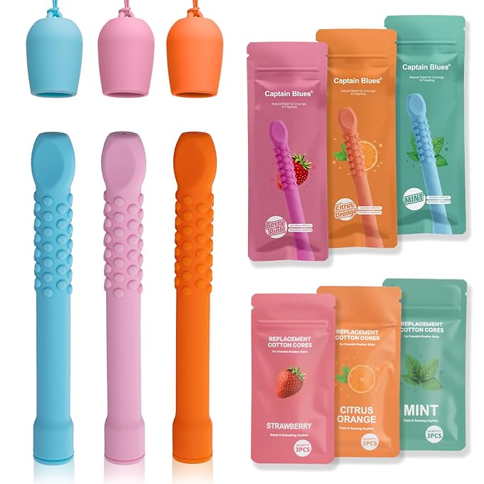 3 Pack Chewable Silicone Aroma Sticks with Essential Oils for Stress Relief & Fresh Breath, Improving Pen Biting & Smoking Habits. (Multicolor)