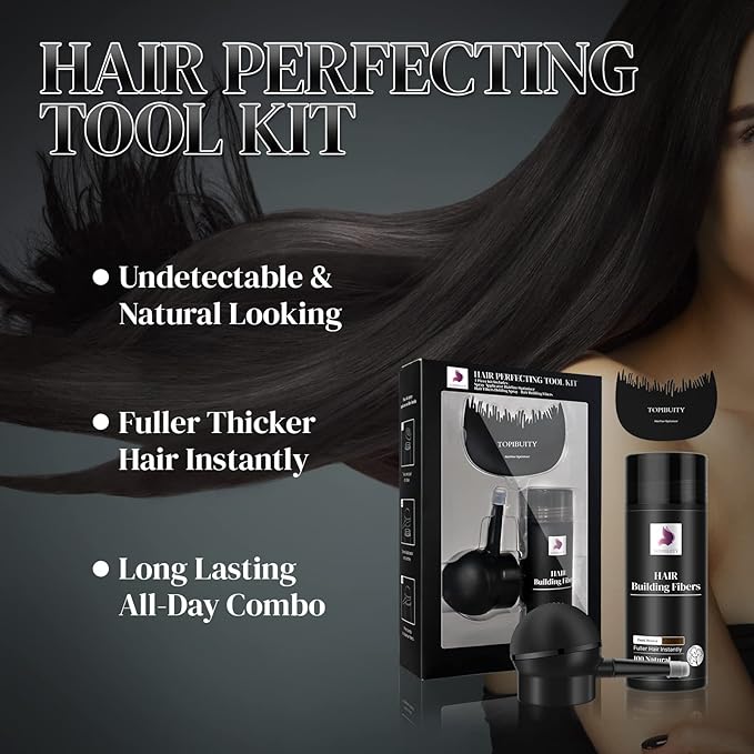Hair Fibers for Thinning Hair Fiber Applicator 3-in-1 Set - Natural Concealing Hair Building Fibers - Long-Lasting Spray with Accessory for Crisp Hairlines, Thicker Beard & Styling (Dark Brown)