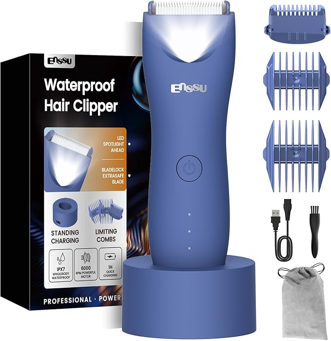 Electric Body Hair Trimmer for Men with Extra Skin-Safe Ceramic Blade, Ball Shaver Groomer w/LED Light& Charging Dock, Pubic Groin Hair Trimmer Male Razor Waterproof (Blue-with Charging Light)