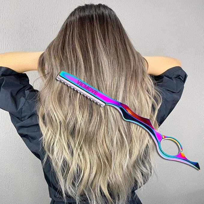 Professional Hair Styling Thinning Texturizing Cutting Feather Razor + 10 Replacement Blades Stainless Steel Rainbow Color