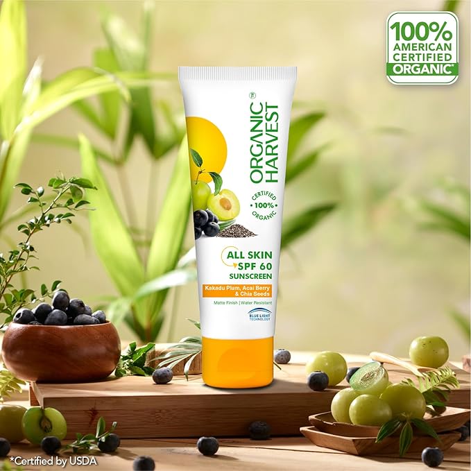 Organic Harvest Sunscreen SPF 60 For All Skin Type | For Women & Men with Blue Light Technology, Protects From Harmful UVA & UVB Rays | 100% American Certified Organic, Sulphate & Paraben Free - 100gm