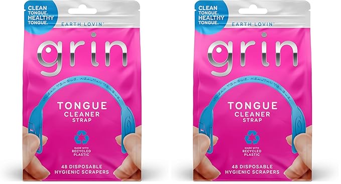 GRIN Tongue Cleaner Strap, 48 Count, Disposable Tongue Cleaner, Hygienic Dual Edge Scraper, Recycled Plastic, Clean Tongue, Healthy Tongue, Promote Fresh Breath, Includes Safe Fold- Back Tooth Pick