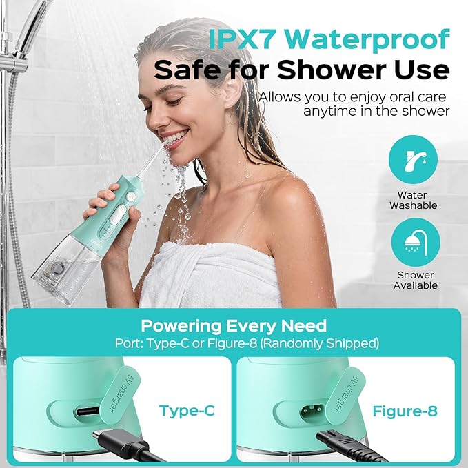 COSLUS Portable Water Flosser for Teeth: 3 Modes & 6 Pressure Settings with Jet Mode Water Dental Pick for Orthodontic, Braces, Sensitive Gums, Compact for Travel, 300ML for Multiple Users, Green C51