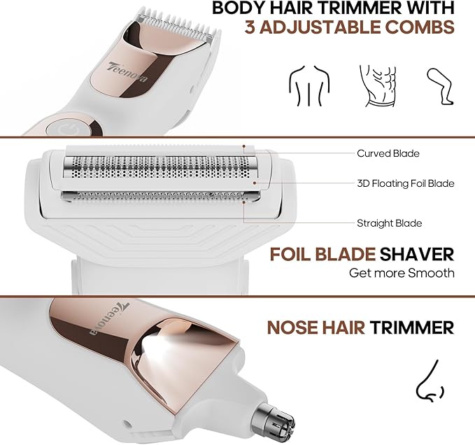 Electric Body Hair Trimmer Shaver - 3 in 1 Pubic Trimmer for Men - Bikini Trimmer for Women - No Nick Groin Ball Razor with Ceramic Blade Heads, Wireless Dock Charging, Wet/Dry Use (White)