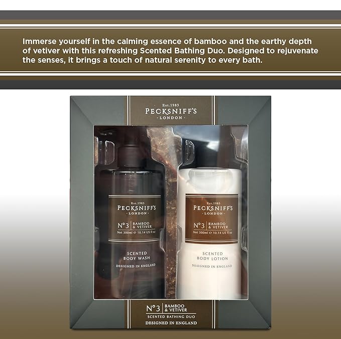 Pecksniffs Mens Bathing Duo Collection – Bamboo & Vetiver Scented Body Wash and Body Lotion Gift Set, 2 x 250ml
